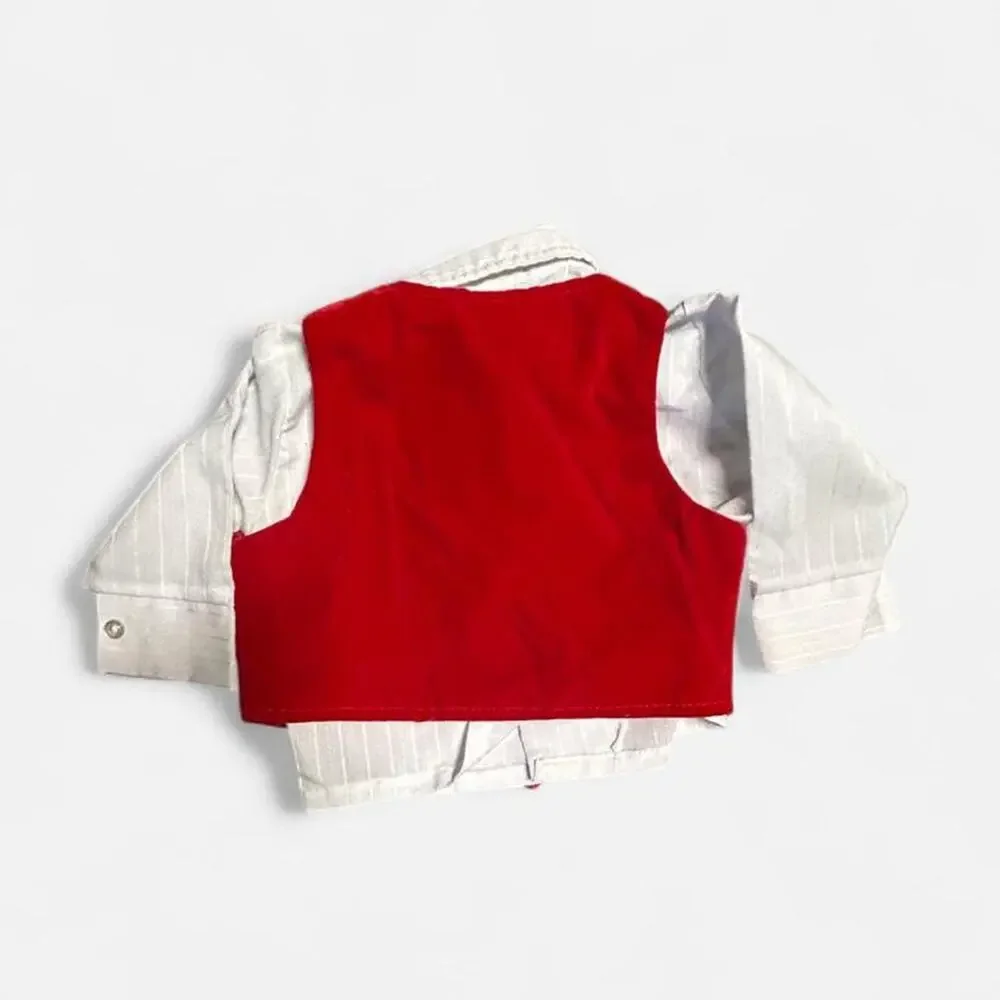 12 months baby boy vintage 70s holiday button up shirt, red vest, bow tie set
